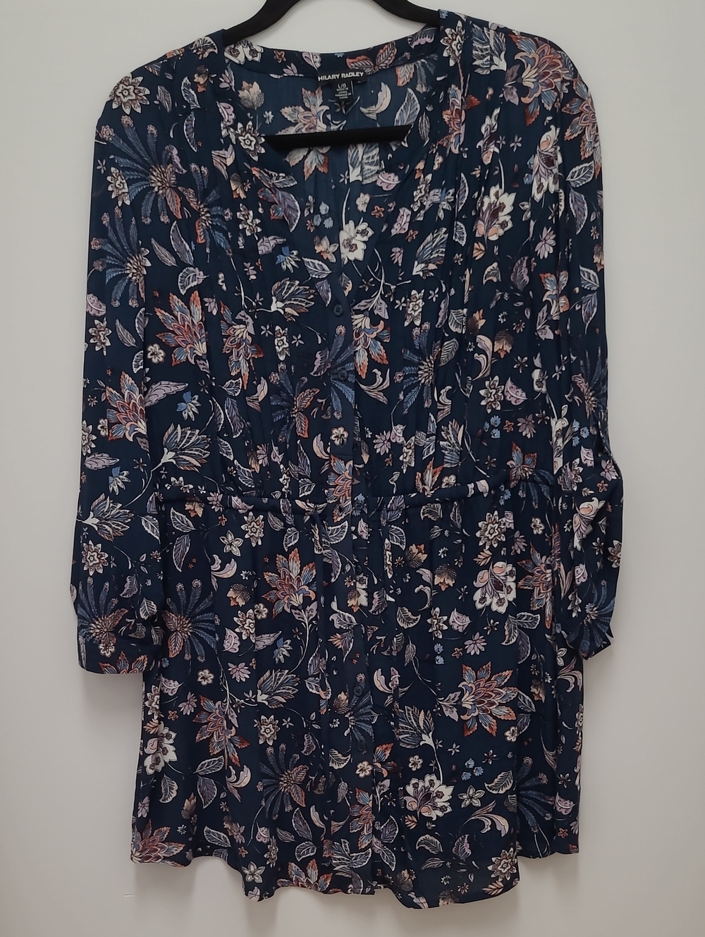 Hilary Radley Navy Floral Blouse with Pink and Coral Accents